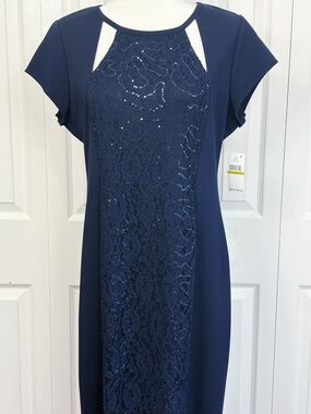 NWT SLNY Navy Blue Sequin Beaded Lace Front Short Sleeve Sheath Dress 14